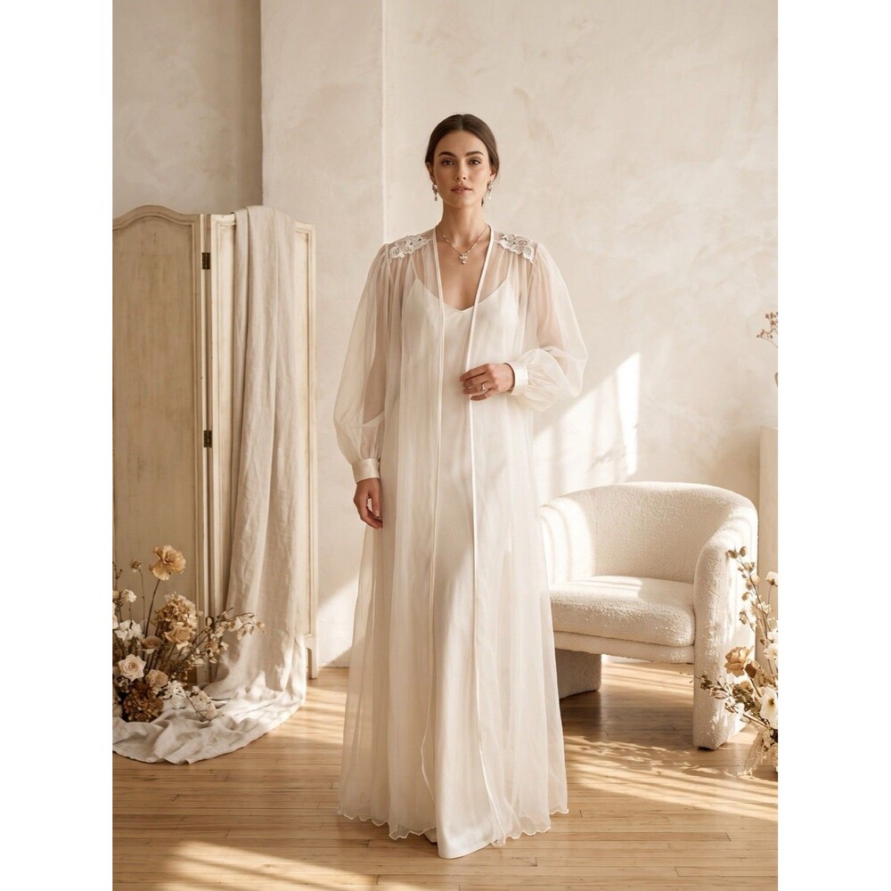 VTG Cinema Etoile Sheer Bridal Robe OS Ivory Chiffon Lace Sequin Peignoir Duster